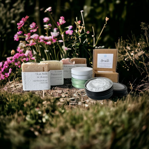 Bar soaps, balms and shampoo bars in eco friendly packages, displayed in a wilderness scene